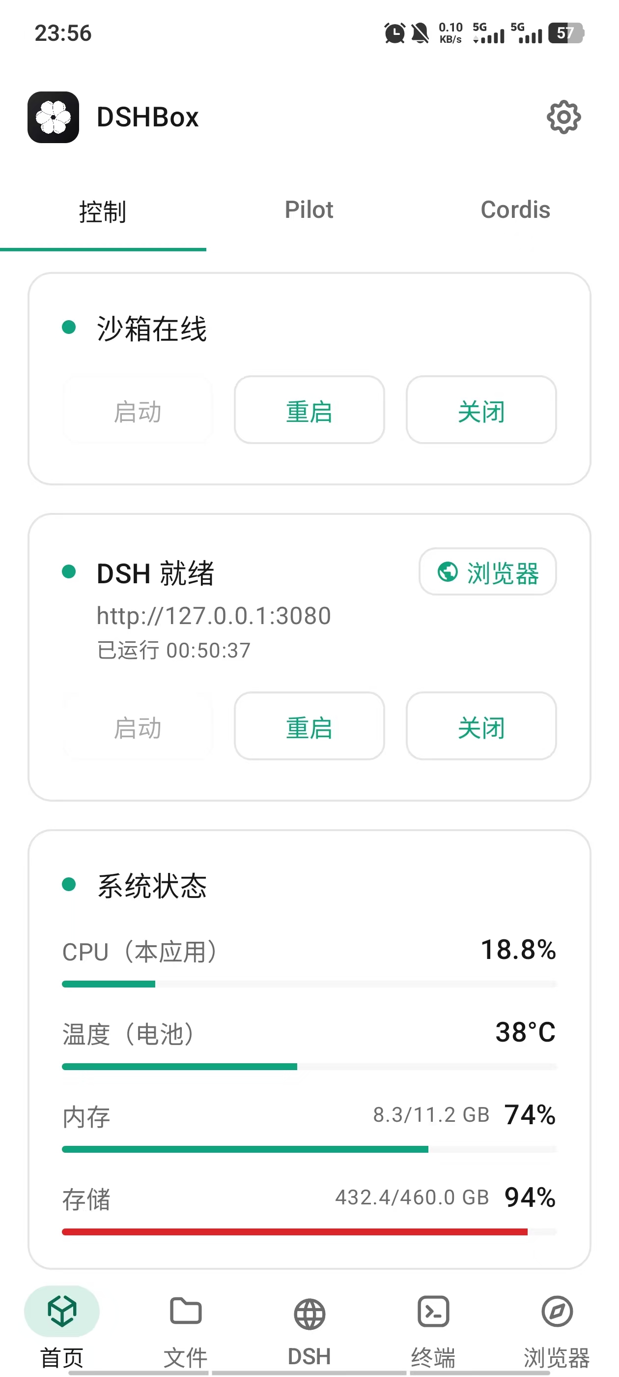 DSHBox home with runtime controls and system status