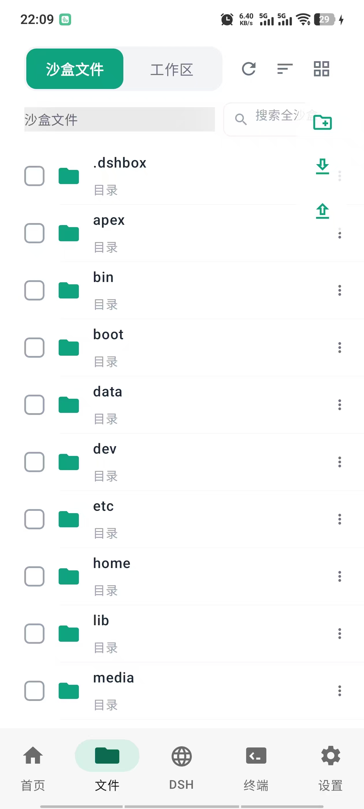 Built-in file manager browsing a workspace in DSHBox