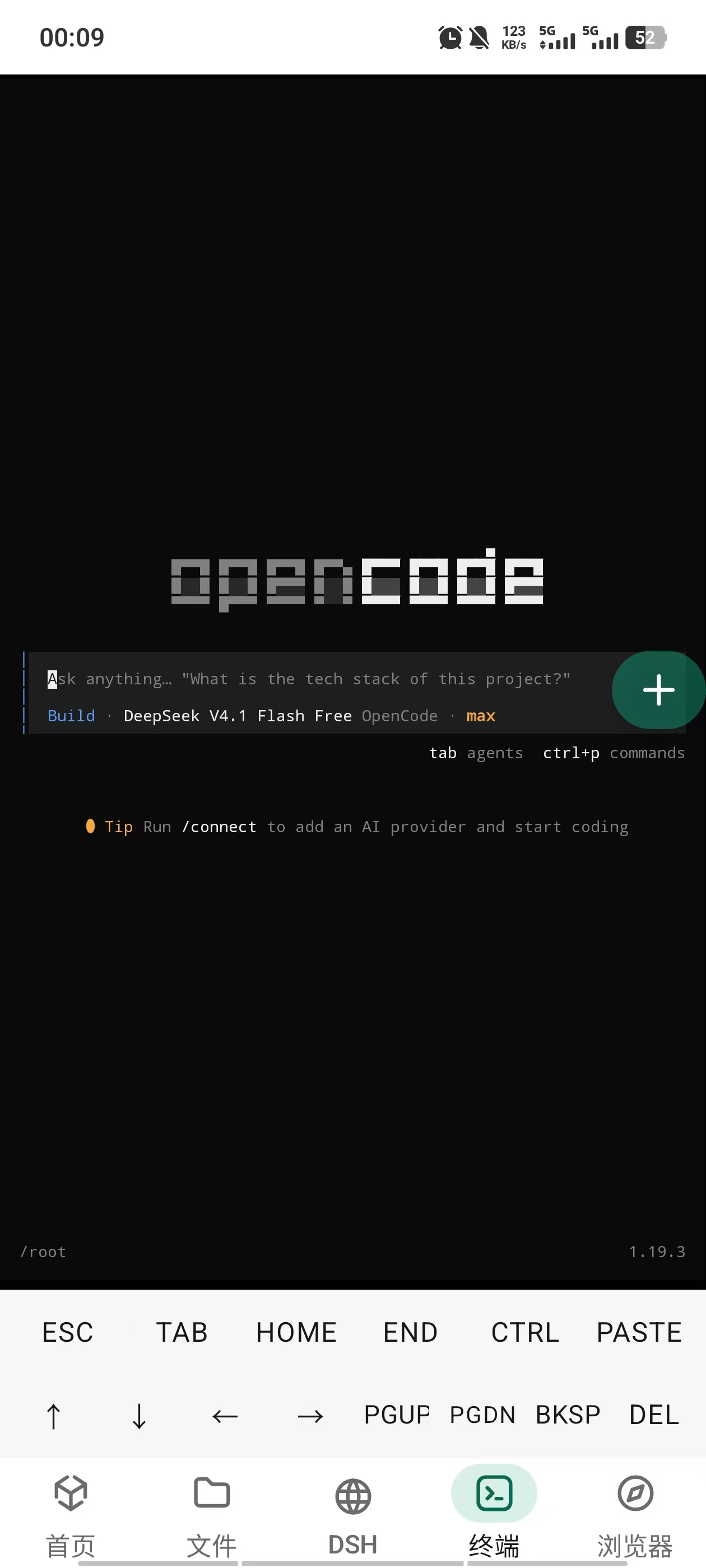 Terminal running the opencode agent inside DSHBox